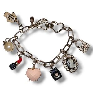 Vintage Cookie Lee Charm Bracelet Gold Tone Heart Camera Lipstick Cameo Dangle